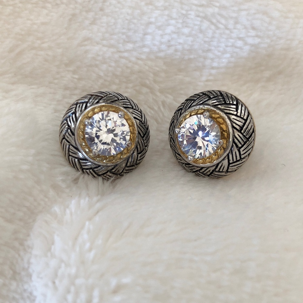 NEW Brilliant Cut Crystal Framed in Basket Cut Silver with Gold Accent Earrings